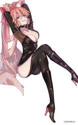 Rule 34 | 1girl, animal ear fluff, armpits, arms behind head, arms up, ass, black bodysuit, bodysuit, boots, breasts, carimarica, cleavage, clothing cutout, collarbone, fate/grand order, fate (series), fox girl, fox tail, glasses, hair between eyes, hair ribbon, high heel boots, high heels, hip vent, koyanskaya (assassin) (first ascension) (fate), koyanskaya (fate), large breasts, long hair, looking at viewer, no bra, no panties, pink hair, pink ribbon, ponytail, ribbon, simple background, solo, tail, tamamo (fate), thigh cutout, thighs, white background, yellow eyes