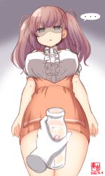 Rule 34 | ..., 1girl, anna miller, apron, atlanta (kancolle), blouse, bottle, breasts, brown hair, cowboy shot, disembodied hand, employee uniform, frilled shirt, frills, from below, gradient background, grey background, grey eyes, highres, kanon (kurogane knights), kantai collection, large breasts, long hair, looking at viewer, milk bottle, name tag, orange apron, orange skirt, puffy short sleeves, puffy sleeves, shaded face, shirt, short sleeves, skirt, spoken ellipsis, standing, two side up, underbust, uniform, waitress