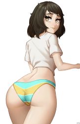 Rule 34 | 1girl, absurdres, ass, black hair, blush, brown eyes, brown hair, highres, kawakami sadayo, looking at viewer, persona, persona 5, shirt, short hair, simple background, smile, solo, striped, swimsuit, x xith x