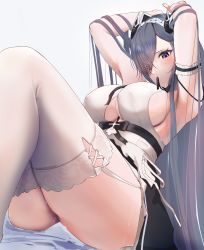 Rule 34 | 1girl, armpits, arms up, august von parseval (azur lane), august von parseval (the conquered unhulde) (azur lane), azur lane, black dress, breasts, cafenami, clothing cutout, covered erect nipples, cross-laced clothes, cross-laced dress, curled horns, dress, feet out of frame, garter straps, hair over one eye, highres, horns, large breasts, mechanical horns, mouth hold, official alternate costume, presenting armpit, purple eyes, purple hair, ribbon, ribbon in mouth, simple background, sitting, solo, thighhighs, two-tone dress, underboob cutout, white background, white dress, white garter straps, white thighhighs