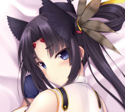Rule 34 | 1girl, bare shoulders, bed, bed sheet, black gloves, black hair, blue eyes, blush, circlet, closed mouth, ear blush, fate/grand order, fate (series), feather hair ornament, feathers, flat chest, from above, from behind, gloves, hair ornament, hair rings, highres, long hair, looking at viewer, looking back, looking up, parted bangs, ruton-niki, sidelocks, sleeveless, solo, upper body, ushiwakamaru (fate)