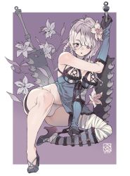 Rule 34 | 1girl, :o, bandaged arm, bandaged leg, bandaged neck, bandages, blush, braid, breasts, cleavage, dated, elbow gloves, flower, gloves, hair flower, hair ornament, holding, holding sword, holding weapon, kaine (nier), large breasts, lingerie, looking at viewer, negligee, nier, nier (series), open mouth, panties, poch4n, purple eyes, ribbon, short eyebrows, short hair, signature, silver hair, solo, sword, thigh strap, thighhighs, underwear, weapon, white panties