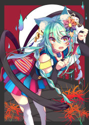 Rule 34 | 1girl, :d, absurdres, animal ears, blue hair, braid, cat ears, cat tail, choker, elbow gloves, facial mark, fangs, fire, flower, gloves, hair flower, hair ornament, highres, kyona (konakona), multicolored eyes, open mouth, original, pleated skirt, simple background, skirt, smile, solo, tail, thighhighs, twin braids, white thighhighs