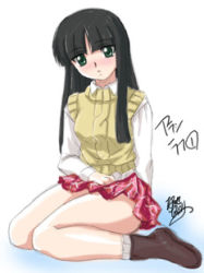 Rule 34 | 00s, 1girl, aran sweater, black hair, blunt bangs, blush, cable knit, gad guard, green eyes, long hair, long sleeve shirt, looking at viewer, lowres, plaid, plaid skirt, shinozuka arashi, shirt, skirt, sweater, sweater vest, white shirt