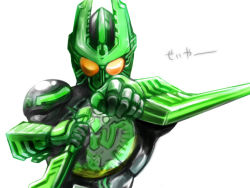 Rule 34 | 1boy, armor, bodysuit, full armor, gatakiriba (ooo combo), gauntlets, green theme, horns, huujyu, kamen rider, kamen rider ooo, kamen rider ooo (series), looking at viewer, male focus, simple background, solo, upper body, white background, yellow eyes