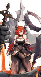 Rule 34 | 1girl, arknights, bare shoulders, black dress, black thighhighs, breasts, cleavage, closed mouth, dress, highres, horns, large breasts, long hair, looking at viewer, purple eyes, red hair, sitting, smile, surtr (arknights), thighhighs, thighs, tsuizi, white background
