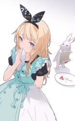 Rule 34 | 1girl, alice (alice in wonderland), alice in wonderland, apron, aqua apron, aqua ribbon, arm behind back, arrow (symbol), black apron, black hairband, black shirt, blonde hair, bow hairband, buttons, commentary request, cowboy shot, crumbs, dress, english text, fraction, glaring, hairband, hand up, highres, holding, holding scroll, layered apron, long hair, looking at another, looking at viewer, napkin, pinafore dress, plate, puffy short sleeves, puffy sleeves, purple eyes, ribbon, scroll, shirt, short sleeves, sideways glance, sign, simple background, sleeveless, sleeveless dress, standing, sweatdrop, swept bangs, wakuseiy, warning sign, white apron, white background, white rabbit (alice in wonderland), wiping mouth