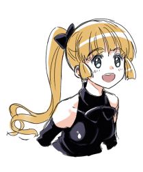 Rule 34 | 1girl, :d, bare shoulders, black bow, blonde hair, blue eyes, bow, clothing cutout, copyright request, hair bow, open mouth, ponytail, round teeth, shoulder cutout, simple background, smile, solo, tachibana roku, teeth, upper body, upper teeth only, white background
