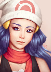 Rule 34 | 00s, 1girl, artist name, bare shoulders, beanie, beige background, black shirt, blue eyes, blue hair, closed mouth, creatures (company), dawn (pokemon), eyebrows, game freak, hat, highres, image sample, long hair, looking at viewer, matching hair/eyes, nintendo, pink lips, pokemon, pokemon dppt, poppyminty, portrait, realistic, red scarf, scarf, shirt, signature, simple background, sleeveless, solo, tank top, upper body, white hat