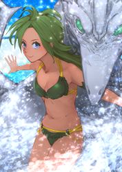 Rule 34 | 1girl, blue eyes, breasts, chienon, cleavage, closed mouth, commentary request, dragon, final fantasy, final fantasy iv, green eyes, green hair, highres, long hair, looking at viewer, mist dragon, navel, no pupils, aged up, rydia (ff4), smile, swimsuit, water