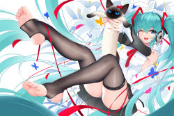 Rule 34 | 1girl, ;d, absurdly long hair, animal, aqua eyes, aqua hair, arms up, black skirt, black thighhighs, bow, bug, butterfly, cat, commentary, detached sleeves, feet, fingernails, flower, foot focus, full body, hair between eyes, hatsune miku, hatsune miku (nt), headphones, highres, holding, holding animal, holding cat, insect, legs, long hair, long sleeves, looking at viewer, nail polish, nekoda (maoda), no shoes, one eye closed, open mouth, panties, piapro, pink nails, red bow, ribbon, shirt, skirt, sleeveless, sleeveless shirt, smile, soles, solo, stirrup legwear, striped clothes, striped panties, teeth, thigh strap, thighhighs, toeless legwear, toenail polish, toenails, toes, underwear, upper teeth only, very long hair, vocaloid, white flower, white shirt
