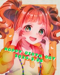 Rule 34 | 1girl, blush, dated, green eyes, hair ornament, happy birthday, highres, hood, hoodie, idolmaster, idolmaster (classic), kori (spinsongs), looking at viewer, open mouth, orange hair, smile, solo, star (symbol), star hair ornament, takatsuki yayoi, twintails, upper body