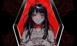 Rule 34 | 1girl, artist name, black hair, black nails, closed mouth, coffin, collar, collarbone, eye (vocaloid), own hands clasped, hands over breasts, highres, interlocked fingers, limited palette, long hair, nail polish, own hands together, red collar, red eyes, red theme, rina (crystalrina), solo, tattoo, vocaloid