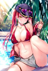 Rule 34 | 1girl, arrow through heart, bikini, blush, breasts, crotch, dolphin shorts, earrings, eyewear on headwear, grin, hat, heart, heart earrings, heart necklace, heterochromia, highres, hololive, houshou marine, houshou marine (summer), jacket, jewelry, knee up, large breasts, navel, necklace, o-ring, o-ring thigh strap, official alternate costume, pool, red bikini, red eyes, red hair, rei (rei&#039;s room), removing jacket, shorts, sitting, smile, solo, sunglasses, sunlight, swimsuit, teeth, thigh strap, thighs, twintails, virtual youtuber, water, yellow eyes
