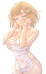 Rule 34 | 1girl, absurdres, armpit crease, bare arms, bare shoulders, blonde hair, blue eyes, blush, breasts, cleavage, closed mouth, commentary, cowboy shot, english commentary, hair ornament, hands on own face, hands up, highres, hololive, hololive english, honkivampy, large breasts, legs together, looking at viewer, naked towel, short hair, simple background, smile, solo, towel, virtual youtuber, watson amelia, wet, white background