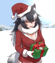 Rule 34 | 10s, 1girl, :d, animal ear fluff, animal ears, artist name, black hair, blue eyes, box, coat, commentary, day, disco brando, fang, fur-trimmed coat, fur-trimmed headwear, fur-trimmed sleeves, fur collar, fur trim, gift, gift box, gloves, grey wolf (kemono friends), hair between eyes, hat, heterochromia, highres, kemono friends, long sleeves, looking at viewer, merry christmas, mountainous horizon, multicolored hair, open mouth, outdoors, pom pom (clothes), red coat, red hat, santa costume, santa hat, smile, snow, solo, tail, twitter username, two-tone hair, upper body, white gloves, white hair, wolf ears, wolf tail, yellow eyes