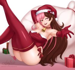 Rule 34 | 1girl, artist name, bell, blush, breasts, brown eyes, brown hair, choker, cleavage, cslucaris, elbow gloves, gift, gloves, hat, heterochromia, large breasts, legs, long hair, looking at viewer, multicolored hair, neck bell, neo politan, open mouth, outstretched arm, pink eyes, pink hair, red gloves, red thighhighs, rwby, santa costume, santa hat, sitting, smile, solo, thighhighs, thighs