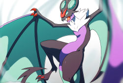 Rule 34 | blurry, colored sclera, commentary request, creatures (company), game freak, gen 6 pokemon, green sclera, grey fur, highres, looking down, nintendo, no humans, noivern, open mouth, pokemon, pokemon (creature), sasaki sue, solo, tongue, yellow eyes