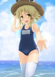 Rule 34 | 1girl, alexer, beckoning, blonde hair, cameltoe, female focus, hand on headwear, hat, highres, looking at viewer, moriya suwako, ocean, one-piece swimsuit, outstretched hand, sakurea, school swimsuit, short hair, solo, standing, swimsuit, thighhighs, touhou, water, white thighhighs, yellow eyes