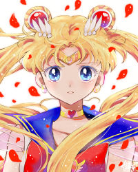 Rule 34 | 1girl, bishoujo senshi sailor moon, bishoujo senshi sailor moon supers, blonde hair, blue eyes, blue sailor collar, bow, brooch, choker, circlet, collarbone, colored eyelashes, crescent, crescent earrings, double bun, earrings, expressionless, hair bun, hair ornament, hairpin, heart, heart choker, hoshikuzu (milkyway792), jewelry, long hair, looking at viewer, magical girl, mismatched eyelashes, petals, red bow, rose petals, sailor collar, sailor moon, sailor senshi uniform, signature, simple background, solo, super sailor moon, tsukino usagi, twintails, upper body, white background, yellow neckwear