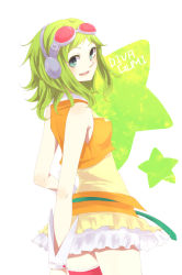 Rule 34 | 1girl, bare shoulders, buttons, detached sleeves, goggles, green eyes, green hair, gumi, headphones, matching hair/eyes, open mouth, short hair, skirt, smile, solo, star (symbol), vocaloid, warabe (wasawasawasan)
