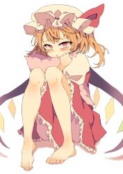 Rule 34 | 1girl, absurdres, barefoot, blonde hair, blush, crystal, dress, feet, flandre scarlet, frilled dress, frilled headwear, frills, full body, hat, highres, hugging object, knees together feet apart, knees up, legs, long hair, looking at viewer, mob cap, multicolored wings, pillow, pillow hug, pink eyes, pointy ears, puffy short sleeves, puffy shorts, puffy sleeves, red dress, seika okawari, short sleeves, shorts, simple background, solo, toenails, toes, touhou, white background, white hat, wings