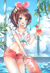 Rule 34 | 1girl, :d, bangle, bikini, blue eyes, bracelet, brown hair, cloud, cloudy sky, collarbone, crop top, cup, drinking glass, drinking straw, flower, front-tie top, hair flower, hair ornament, hairband, halterneck, highres, holding, holding cup, hurricane glass, innertube, jewelry, kizuna ai, kizuna ai inc., long hair, looking at viewer, md5 mismatch, multicolored hair, munape, navel, necklace, open fly, open mouth, pink bikini, pink shorts, ponytail, red flower, resolution mismatch, see-through, shirt, short shorts, short sleeves, shorts, sky, smile, solo, source smaller, streaked hair, swim ring, swimsuit, thighs, virtual youtuber, water, wet, wet clothes, wet shirt, white shirt