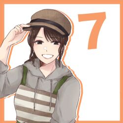 Rule 34 | 1girl, :d, adjusting clothes, adjusting headwear, animification, apron, arm up, border, brown apron, brown eyes, brown hair, brown hat, cabbie hat, commentary, countdown, drawstring, grey hoodie, grin, hat, hood, hood down, hoodie, ishii haruna, long sleeves, looking at viewer, medium hair, mole, mole under eye, nigari (ngari 0115), open mouth, orange border, outside border, real life, sidelocks, simple background, sleeves pushed up, smile, solo, striped apron, striped clothes, swept bangs, upper body, voice actor, white background