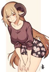 Rule 34 | 1girl, animal ears, black skirt, breasts, brown hair, brown sweater, closed mouth, commission, curled horns, distr, enna (deadthingyz), floral print, goat ears, goat horns, goat tail, highres, horns, large breasts, leaning forward, long hair, long sleeves, looking at viewer, miniskirt, original, print skirt, red eyes, ribbed sweater, skirt, smile, solo, sweater, very long hair