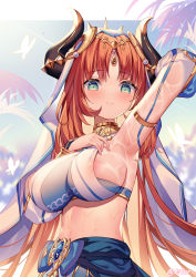 Rule 34 | 1girl, absurdres, areola slip, arm up, armpits, blue eyes, blush, breasts, closed mouth, detached sleeves, genshin impact, highres, horns, large breasts, long hair, long sleeves, looking at viewer, nilou (genshin impact), parted bangs, red hair, shan far, sideboob, smile, sweat, wet, white headwear, white sleeves