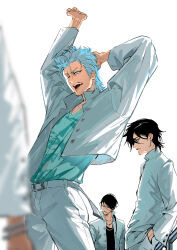 Rule 34 | 3boys, absurdres, alternate costume, alternate hair length, alternate hairstyle, arm behind head, arm up, black hair, black shirt, bleach, blue eyes, blue hair, blue shirt, blurry, blurry foreground, collarbone, diao bu landuo, green eyes, grimmjow jaegerjaquez, hair between eyes, hand in pocket, highres, jacket, jewelry, long sleeves, looking at viewer, male focus, multiple boys, necklace, nnoitra gilga, one eye closed, open clothes, open jacket, open mouth, pants, school uniform, shirt, stretching, tearing up, teeth, ulquiorra cifer, white background, white jacket, white pants, yawning