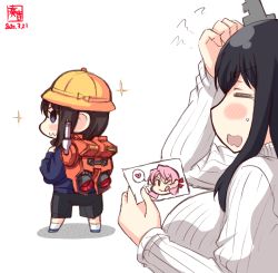 Rule 34 | 2girls, :3, akashi (kancolle), artist logo, backpack, bag, black hair, black pants, brown hair, commentary request, dated, closed eyes, gundam, hair ornament, hat, highres, jetpack, kanon (kurogane knights), kantai collection, long sleeves, multiple girls, open mouth, pants, pink hair, ribbed sweater, school hat, shigure (kancolle), short hair, simple background, smile, sparkle, sweater, white background, white sweater, yamashiro (kancolle), yellow headwear, aged down