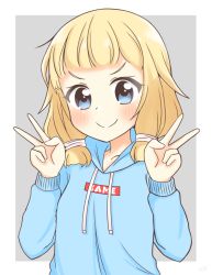 Rule 34 | 1girl, blonde hair, blue eyes, blue hoodie, blush, border, closed mouth, clothes writing, commentary request, double v, drawstring, grey background, hair tie, hood, hood down, hoodie, long hair, looking at viewer, low twintails, new game!, outside border, sakura nene, simple background, smile, solo, suzu suzuki (suzukisuzu), twintails, upper body, v, white border