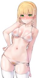 Rule 34 | &gt;:), 1girl, absurdres, bikini, blonde hair, blonde pubic hair, blush, breasts, closed mouth, collarbone, commentary request, cowboy shot, drill hair, female pubic hair, gluteal fold, green eyes, hairband, halterneck, hand on own hip, heanna sumire, highres, long hair, looking at viewer, love live!, love live! superstar!!, medium breasts, nasuno (nasuno42), navel, nipples, nose blush, pubic hair, see-through, side-tie bikini bottom, skindentation, smile, solo, standing, string bikini, swimsuit, thighhighs, v-shaped eyebrows, white background, white bikini, white thighhighs