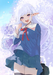 Rule 34 | 1girl, :d, arm behind back, black thighhighs, blue skirt, blush, cowboy shot, day, elf, hand up, highres, legs together, long sleeves, looking at viewer, mariabelle (elf-san), neck ribbon, nihon e youkoso elf-san., open mouth, outdoors, petals, pleated skirt, pointy ears, purple eyes, red ribbon, ribbon, school uniform, skirt, sleeve cuffs, smile, solo, standing, thighhighs, tree, white hair, wind, wind lift, yappen, zettai ryouiki