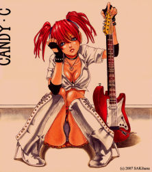 Rule 34 | 1girl, bad id, bad pixiv id, blue eyes, boots, breasts, candy cane (rumble roses), cleavage, guitar, instrument, jewelry, nabeya sakihana, necklace, panties, pantyshot, plaid, plaid skirt, red hair, rumble roses, sitting, skirt, sleeves rolled up, solo, traditional media, twintails, underwear, upskirt