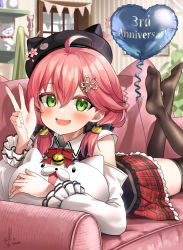 Rule 34 | 1girl, 35p (sakura miko), :d, ahoge, animal hat, balloon, bell, beret, black hat, black thighhighs, blush, bow, bowtie, cat hat, collared shirt, commentary request, couch, crossed ankles, feet up, flower, frilled skirt, frills, green eyes, hair between eyes, hair flower, hair ornament, hat, heart balloon, highres, hololive, indoors, jingle bell, kito koruta, long hair, long sleeves, looking at viewer, lying, miniskirt, no shoes, on couch, on stomach, open mouth, pink hair, plaid, plaid skirt, red bow, red bowtie, red skirt, sakura miko, sakura miko (casual), shirt, skirt, smile, solo, teeth, the pose, thighhighs, upper teeth only, v, virtual youtuber, white shirt