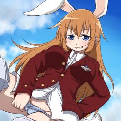 Rule 34 | 1girl, animal ears, blue eyes, blue panties, charlotte e. yeager, cloud, cloudy sky, commentary, day, flying, grin, hand on own hip, hanya (hanya yashiki), jacket, long sleeves, military, military uniform, no pants, orange hair, panties, panty pull, pulling own clothes, rabbit ears, rabbit girl, rabbit tail, red jacket, shirt, sky, smile, solo, strike witches, striker unit, tail, underwear, uniform, white shirt, world witches series