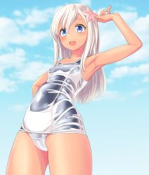 Rule 34 | 1girl, absurdres, blonde hair, blue eyes, blue one-piece swimsuit, blue sky, breasts, cameltoe, cloud, cowboy shot, day, flower, from below, hair flower, hair ornament, highres, kantai collection, layered swimsuit, long hair, old school swimsuit, one-piece swimsuit, outdoors, ro-500 (kancolle), school swimsuit, sky, small breasts, solo, standing, swimsuit, takafumi, tan, white one-piece swimsuit
