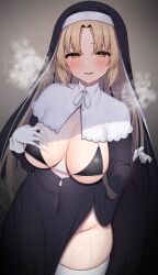 Rule 34 | 1girl, absurdres, bikini, bikini top only, black bikini, black dress, blonde hair, blush, breasts, capelet, character request, clothes lift, commentary request, copyright request, covered navel, dress, dress lift, gloves, groin, habit, hand on own chest, heavy breathing, highres, large breasts, lifted by self, long hair, long sleeves, looking at viewer, nun, parted bangs, parted lips, ribbon, sidelocks, simple background, smile, solo, suzutarou gunsou, sweat, swimsuit, thighhighs, thighs, wet, white capelet, white gloves, white ribbon, white thighhighs, yellow eyes, zipper dress, zipper pull tab
