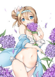 Rule 34 | 1girl, absurdres, alternate hairstyle, bikini, blue eyes, blush, breasts, brown hair, cleavage, covered mouth, flower, flower over mouth, frilled bikini, frills, girls&#039; frontline, groin, hair between eyes, hair bun, hair ornament, hairband, hansal, highres, holding, holding flower, hydrangea, jacket, long hair, looking at viewer, medium breasts, navel, off shoulder, official alternate costume, side bun, sidelocks, single side bun, snowflake hair ornament, solo, stomach, suomi (girls&#039; frontline), suomi (midsummer pixie) (girls&#039; frontline), swimsuit, thighs, white bikini