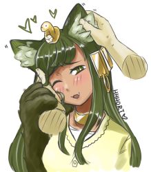 Rule 34 | 1girl, :3, :d, absurdres, alternate costume, animal ears, animal hands, anubis (monster girl encyclopedia), blush, choker, commentary, disembodied hand, english commentary, fang, green eyes, hair ornament, hand on another&#039;s ear, head tilt, headpat, hhhori, highres, holding another&#039;s wrist, looking at viewer, monster girl, monster girl encyclopedia, one eye closed, open mouth, signature, simple background, slit pupils, smile, snake hair ornament, solo focus, sweater, touching ears, white background, wolf ears, yellow choker
