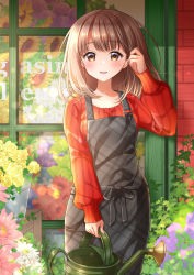 Rule 34 | 1girl, apron, breasts, brown eyes, brown hair, day, florist, flower, hand up, highres, kawanobe, long sleeves, looking at viewer, medium breasts, medium hair, original, outdoors, plant, potted plant, red sweater, solo, standing, sweater, watering can, window