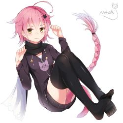 Rule 34 | 1girl, ahoge, black thighhighs, braid, brown eyes, casual, cat hair ornament, cat tail, feet, hair flaps, hair ornament, highres, hood, hooded jacket, jacket, long hair, looking at viewer, nahaki, no shoes, original, paw pose, pink hair, scarf, signature, simple background, sin-poi, single braid, solo, tail, thighhighs, toes, white background, zettai ryouiki