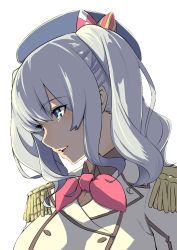 Rule 34 | 1girl, beret, blue eyes, blush, breasts, buttons, close-up, collared shirt, commentary, double-breasted, epaulettes, grey shirt, hair between eyes, hat, highres, jacket, kantai collection, kashima (kancolle), kerchief, large breasts, lips, long sleeves, looking afar, looking away, military, military jacket, military uniform, neckerchief, open mouth, opyonn, portrait, profile, red neckerchief, shirt, sidelocks, silver hair, solo, tsurime, twintails, uniform, wavy hair, white jacket