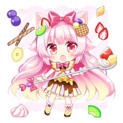 Rule 34 | 1girl, animal ear fluff, animal ears, blush, boots, bow, cat ears, chibi, commentary request, dress, fang, food, food-themed clothes, food-themed hair ornament, fruit, full body, gradient hair, hair bow, hair ornament, holding, holding spoon, light brown hair, long hair, looking at viewer, multicolored hair, open mouth, original, oversized object, pink hair, red bow, red eyes, shikito (yawa0w0), solo, spoon, standing, strawberry, strawberry hair ornament, very long hair