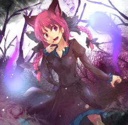 Rule 34 | 1girl, animal ears, bad id, bad pixiv id, bare tree, bow, braid, breasts, cat ears, cat girl, claws, colored eyelashes, dress, extra ears, eyelashes, fang, female focus, fingernails, ghost, glowing, hair bow, hair ribbon, hisona (suaritesumi), hitodama, kaenbyou rin, red eyes, red hair, ribbon, slit pupils, smile, solo, touhou, tree, twin braids, twintails