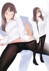 Rule 34 | 1girl, absurdres, ama mitsuki, arm up, bag, black footwear, black pantyhose, blush, breath, brown eyes, brown hair, closed eyes, clothes pull, full body, hand grab, hand on another&#039;s thigh, handbag, high heels, highres, jewelry, lips, long hair, long sleeves, multiple views, necklace, non-web source, original, out of frame, page number, panties, panties under pantyhose, pantyhose, pantyhose pull, scan, see-through, sleeves past wrists, solo focus, spread legs, striped, sweater, underwear, vertical stripes, white background, white sweater