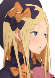 Rule 34 | 1girl, abigail williams (fate), bad id, bad pixiv id, black bow, black dress, black hat, blonde hair, blue eyes, bow, commentary, dress, fate/grand order, fate (series), forehead, from side, hair bow, hat, highres, long hair, looking away, orange bow, parted bangs, parted lips, simple background, solo, sonri, stuffed animal, stuffed toy, teddy bear, white background
