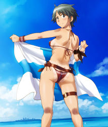 Rule 34 | 1girl, ass, battleship, belt, bikini, bikini tan, blue sky, breasts, brown belt, butt crack, cloud, commentary request, feet out of frame, flag, from behind, green eyes, green hair, holding, holding flag, kantai collection, looking at viewer, looking back, medium breasts, military, military vehicle, mogami (kancolle), ocean, red bikini, sameha ikuya, ship, short hair, side-tie bikini bottom, sideboob, sky, smile, solo, standing, swept bangs, swimsuit, tan, tanline, thigh strap, warship, watercraft, wristband